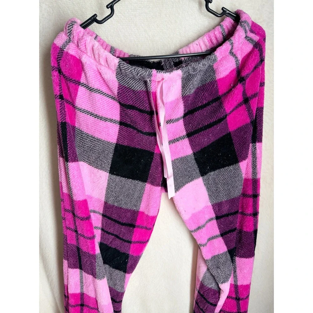Pink Black Plaid Fleece Pajama Pants Women Large 12-14 Sleepwear Loungewear